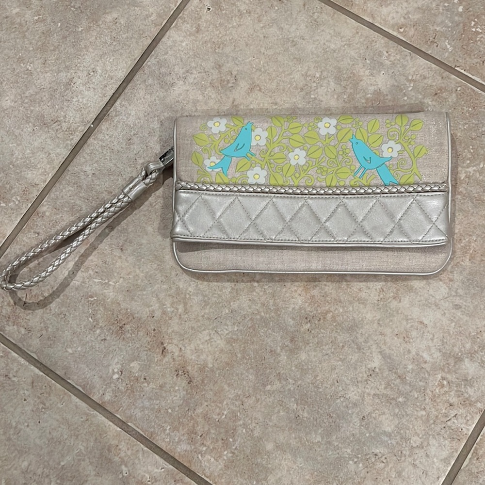 Vera Bradley tan and gold clutch
